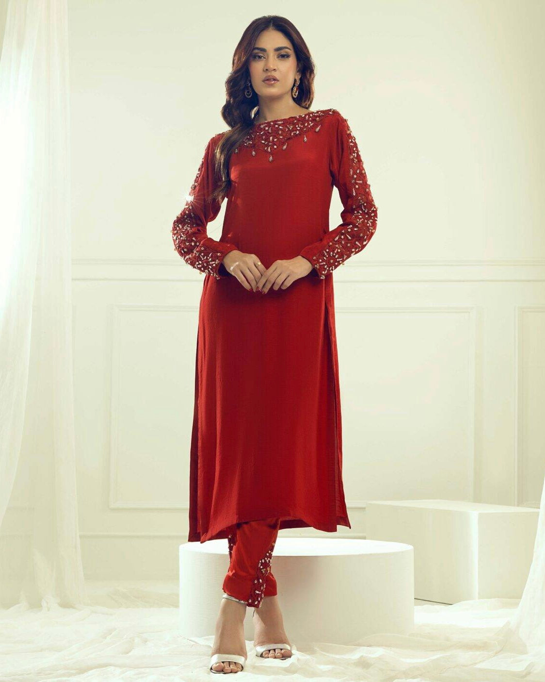 Taahir - Red Beaded Shalwar Kameez