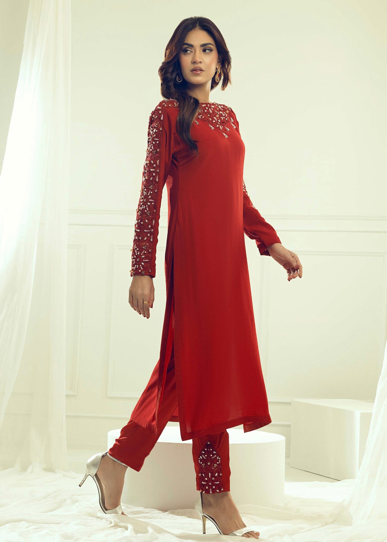 Taahir - Red Beaded Shalwar Kameez